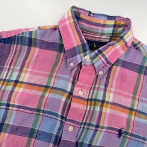 Ralph Lauren Plaid Button Down Shirt Men's Pink Blue Medium Linen Short Sleeve